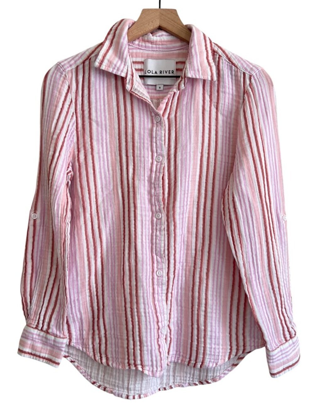 Lola River Pink Striped Gauzy Long Sleeve Button Down Shirt